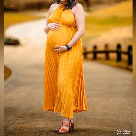 Golden Pleated Maternity Halter Dress. Perfect for baby showers!! - Picture 3 of 3
